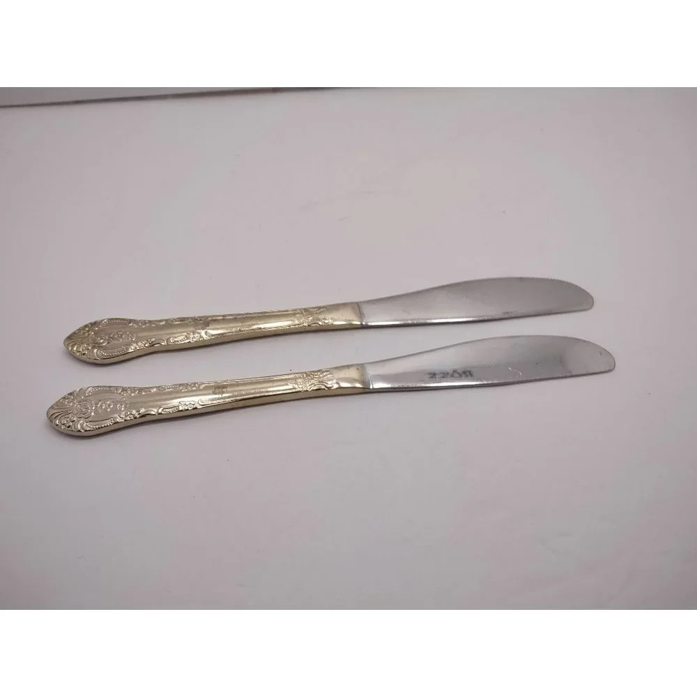 Vintage lot of 2 Gibson butter knife replacement gold plated stainless steel